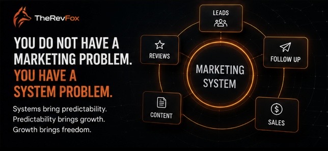 You do not have a marketing problem. You have a system problem — marketing system diagram with leads, follow up, sales, content, and reviews