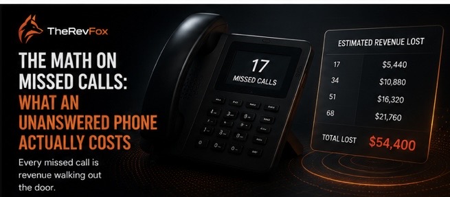 The math on missed calls: what an unanswered phone actually costs — desk phone showing 17 missed calls next to a revenue lost table