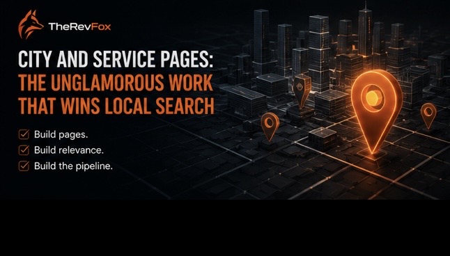 City and service pages: the unglamorous work that wins local search — glowing map pins over a city grid